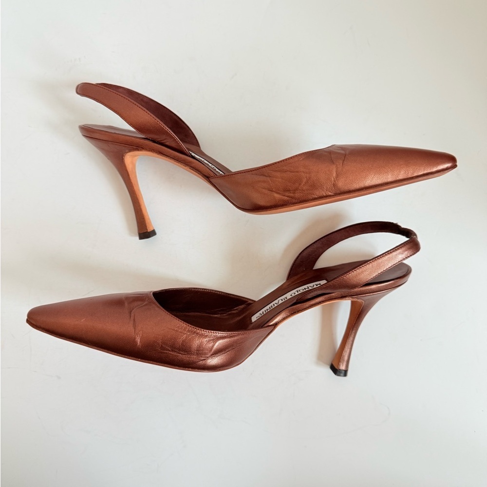 Manolo Blahnik Retro Metallic Bronze Brown Carolyne 70mm slingback pumps EU 37.5 - Picture 5 of 10